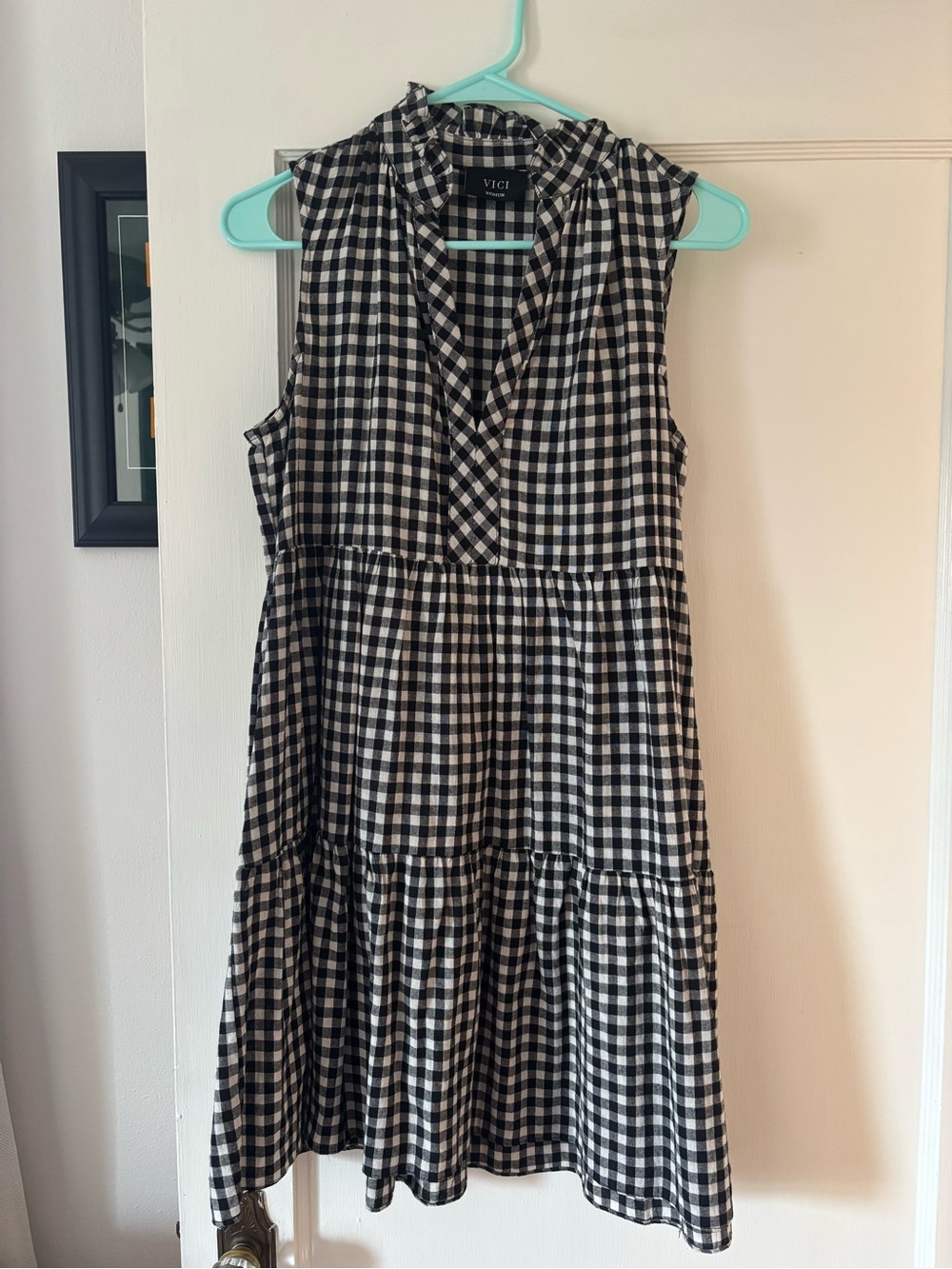 VICI Black and White Gingham Tiered Sleeveless Midi Dress